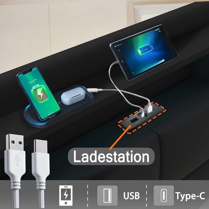 Ліжко-міні-гарнітур 140x200 см із зарядною станцією USB/Type-C, різнокольоровим світлодіодним підсвічуванням, полицею біля узголів&39я та великим місцем для зберігання під ліжком, шкіряне, чорне. Ліжко 140 x 200 см Ebd854-bk