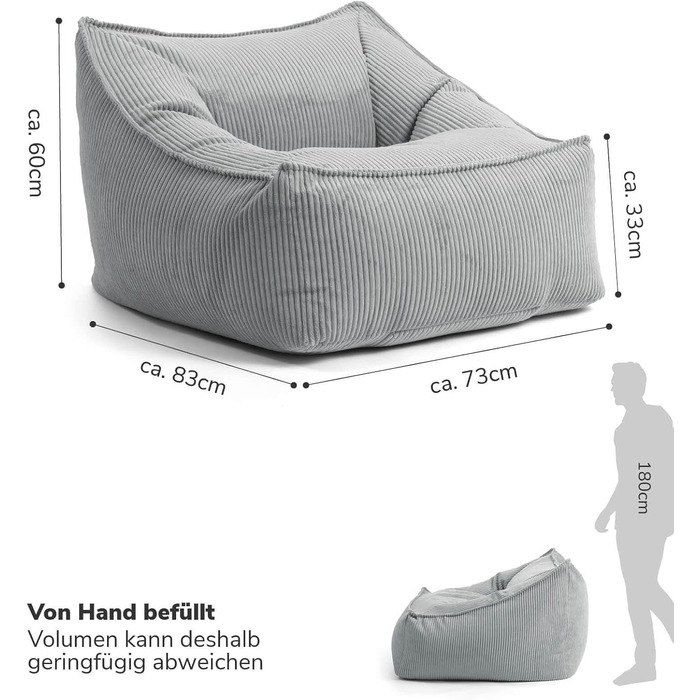 Крісло-мішок з вельвету mokebo The Loafer, XXL, крісло-мішок, вельветове крісло або крісло для відпочинку для вітальні та зимового саду, також як гігантське крісло-мішок розміром 83x73x60 (ШxВxГ у см) сірого кольору, тканина для крісла-мішка з вельвету сі
