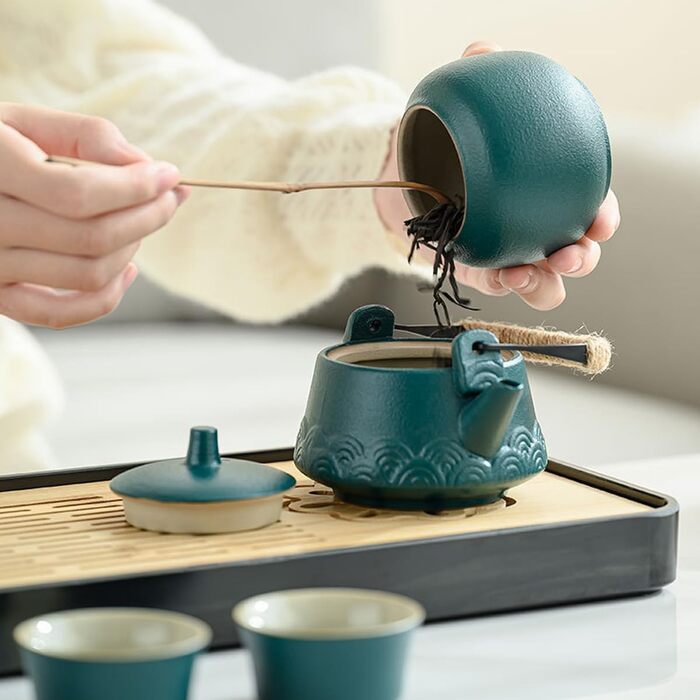 Китайський чайний сервіз з ситечком, порцеляновий набір для чаювання на 6 чашок, з ручкою з конопляного канату для розсипного чаю, ідеальний подарунок для поціновувачів чаю, зелений колір
