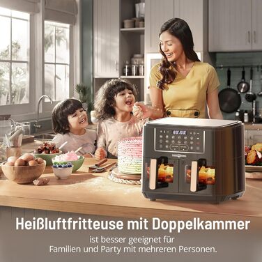 Фритюрниця PARIS RHNE 9.5 л, фритюрниця XXL двокамерна з оглядовим вікном, фритюрниця 12-в-1, смаження гарячим повітрям без олії, безпечна посудомийна машина, аерофритюрниця енергозберігаюча 9.5 л чорна