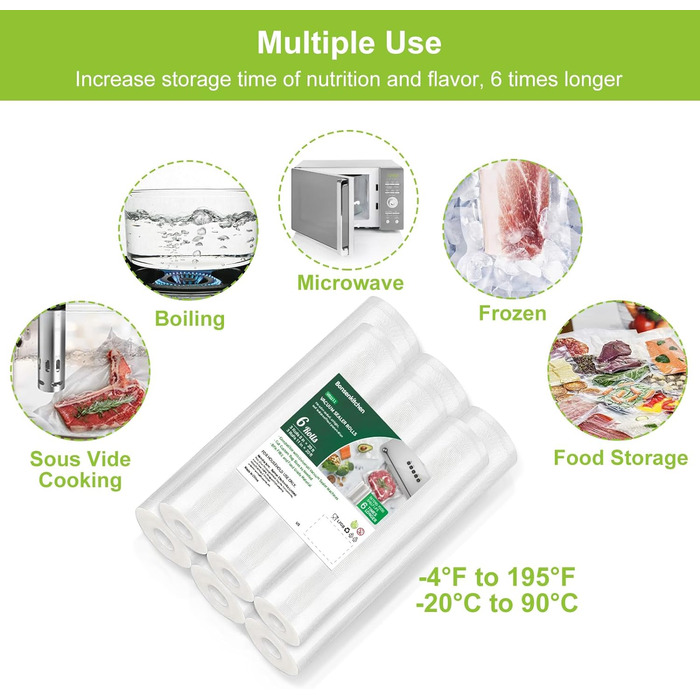 Вакуумні рулони Bonsenkitchen 3 рулони 28x600 см 3 рулони 20x600 см вакуумна плівка - професійний вакуумний пакет для вакуумного пакувальника харчових продуктів, кип'яткостійкий і сумка для заморожування Sous Vide, без BPA, VB3211