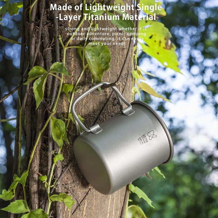 Кухоль Keith Titan Mug, кемпінговий горщик, чашка для кави та чаю на відкритому повітрі з кришкою та складною ручкою 200 мл/300 мл/400 мл/450 мл/500 мл/600 мл/900 мл, легкий посуд для походів, пікніка, напоїв (600 мл Ti3207)