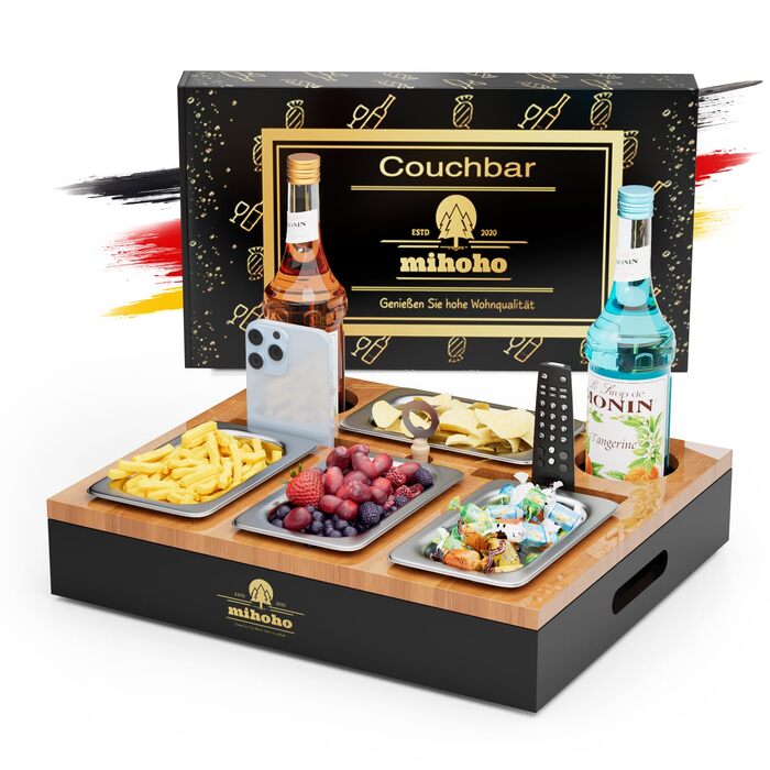 Барна стійка для дивана, органайзер для бічних/журнальних столиків, дерев&39яна барна стійка для дивана як подарунок до пива для чоловіків, піднос для дивана з чотирма мисками для закусок та кількома місцями для зберігання (чорний)