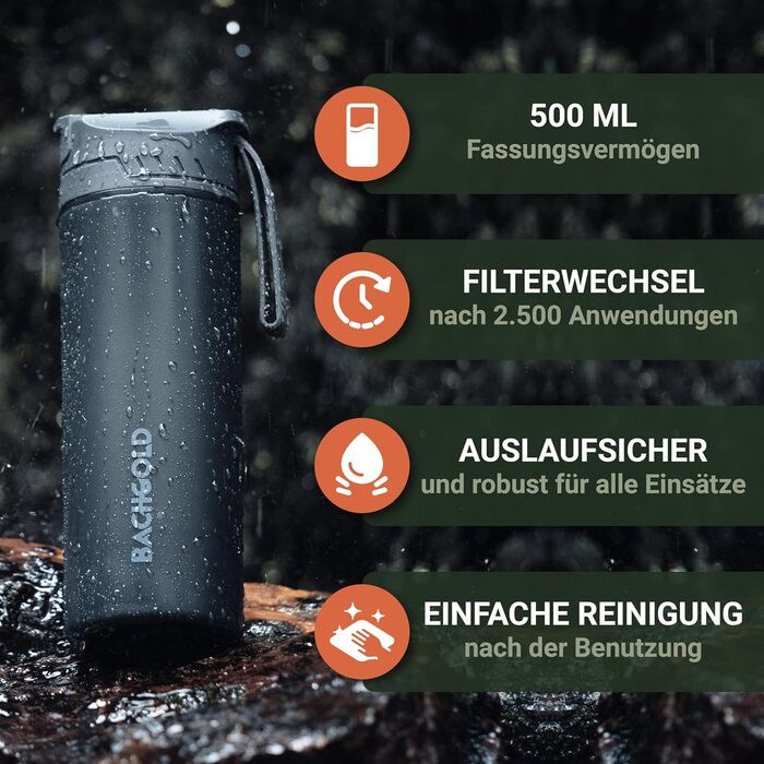 Професійна пляшка з фільтром для води Bachgold 650 мл з обємом фільтра 1500 л I видаляє 99,99 усіх бактерій і фільтрує віруси, частки та важкі метали I Затемнює та захищає від криз