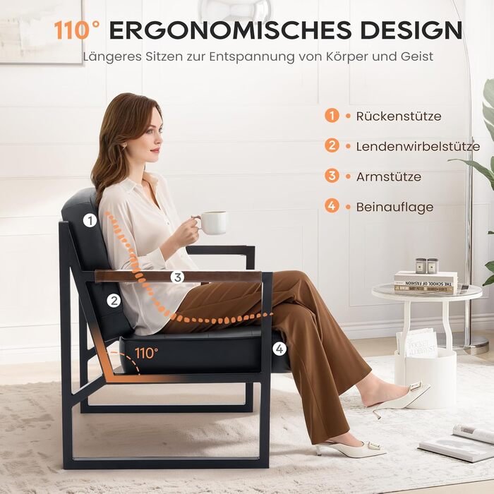 Крісло COLAMY з відкидною спинкою, крісло для вітальні, шкіряне крісло-акцент, сучасне крісло зі штучної шкіри середини століття з металевими ніжками для вітальні, спальні, приймальні, кімнати очікування, чорне 2