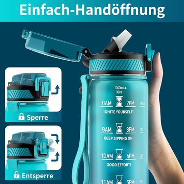 Пляшка для пиття QLUR, пляшка для води Tritan з соломинкою 1л без BPA з соломинкою, пляшка для пиття спортивна герметична з маркер