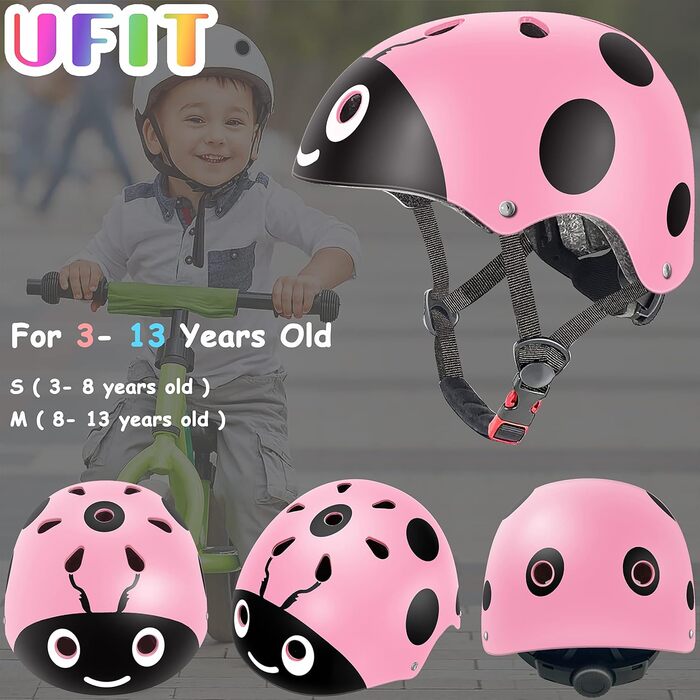 Дитячий шолом для хлопчиків і дівчаток, регульований, зручний, для самоката, самоката, скейтборду, велосипеда Рожева Божа корівка