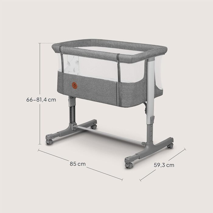 Дитяче ліжечко Lionelo Aurora 3-в-1 (до 9 кг), приліжкове ліжечко, колиска, регулювання висоти та нахилу матраца, 4 колеса з гальмами, ергономічний матрац, сумка для зберігання, сірий колір, великий розмір