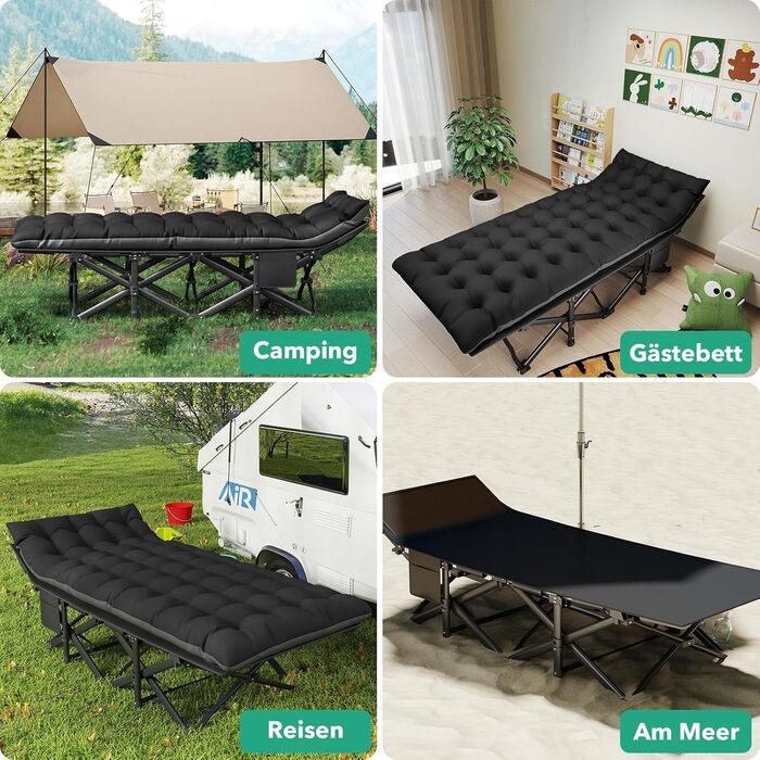 Розкладне похідне ліжко з матрацом, туристичне ліжко, легке, до 208 кг, гостьове ліжко, складне з сумкою для перенесення, сталеве туристичне ліжко для дорослих, для вулиці, приміщень, саду, подорожей, розкладне ліжко, чорне XL 190x735см