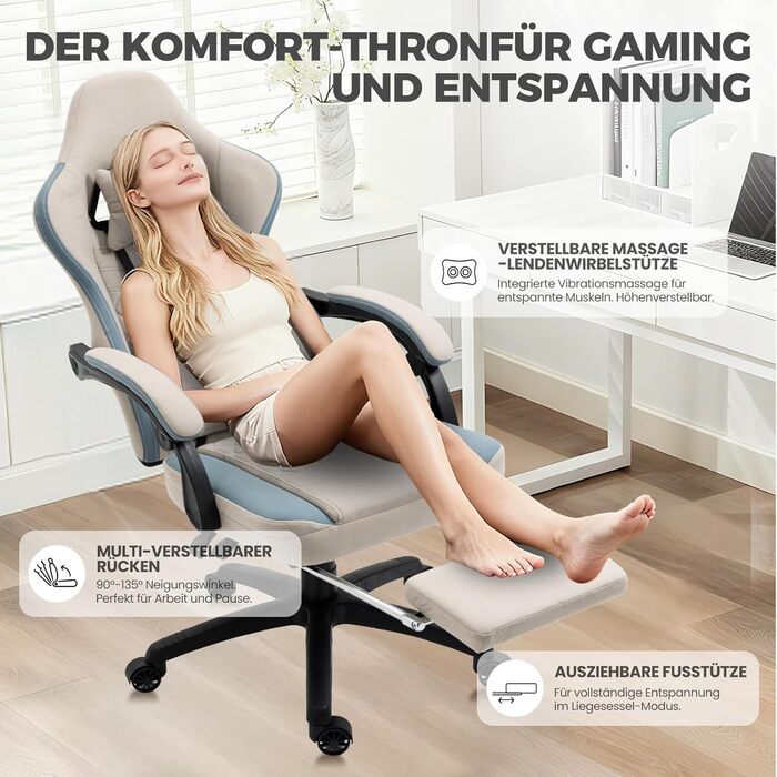 Офісне крісло Dowinx Gaming Chair Fabric з подушкою Pocket Spring, масажне ігрове крісло з підголівником, ергономічне гоночне ігрове крісло з підставкою для ніг (сіре) сірий стандарт