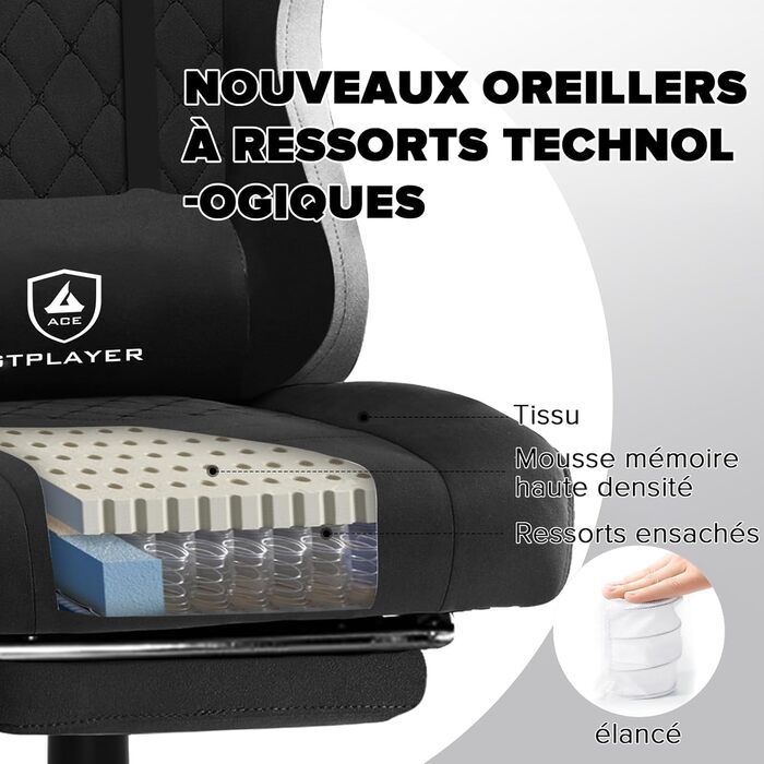 Ергономічне ігрове крісло GTPLAYER з тканинною поверхнею, пружинною подушкою сидіння, з&39єднувальними підлокітниками та підставкою для ніг, 150 кг, чорне велике