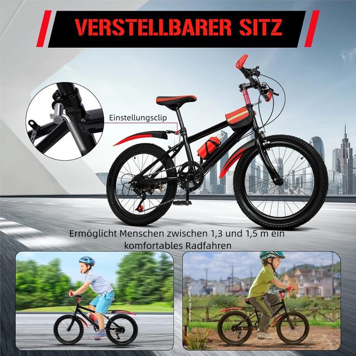 Дюймовий дитячий гірський велосипед для хлопчиків та дівчаток, 7-швидкісний гірський велосипед з бризковиками, пляшкою для води, дзвінком-компасом, вантажопідйомність 85 кг, вік 8-13 років, червоний, 20-