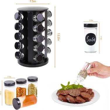 Поворотна на 360 підставка для спецій, чорна, органайзер для спецій, карусель для спецій з 20 банками для спецій, етикетками, ручкою, лійкою, кришками, підставками для спецій з нержавіючої сталі, зберігання спецій для кухонної стільниці