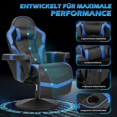 Геймерське крісло з функцією масажу, регульоване по висоті ігрове крісло з висувною підставкою для ніг та підсклянником, ергономічне офісне крісло з підголівником, поворотне гоночне геймерське крісло (синє)