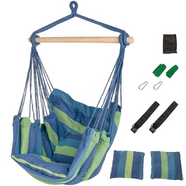 Підвісне крісло IB STYLE для саду, балкону - Зручне підвісне крісло, включаючи 2 подушки та комплект кріплення - Вантажопідйомність до 150 кг, тканинна поверхня з парусини 130x95 см, синій/зелений