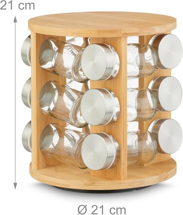 Карусель для спецій Relaxdays, 12 банок для спецій, підставка для спецій, що обертається на 360, ВxГ 21 x 21 см, бамбук, полиця для спецій, натуральний колір