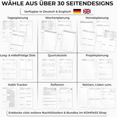 Папка-реєстратор KOMPASS A5 з кільцями, що замінюється, Стартовий набір, включаючи 309 вставок Папка-реєстратор успіху A5 Планувальник справ, щотижневий планувальник, планувальник зустрічей, календар, журнал Bullet, трекер звичок, чорний стартовий набір