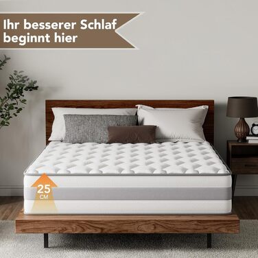 Матрац 180x200 см, висота 25 см, 7-зонний пружинний матрац кишенькової форми, ортопедичний пружинний матрац із шаром піни з ефектом пам&39яті, рівень жорсткості H3/H4, сертифікований Oeko-Tex та CertiPUR-US, 180x200x25 см