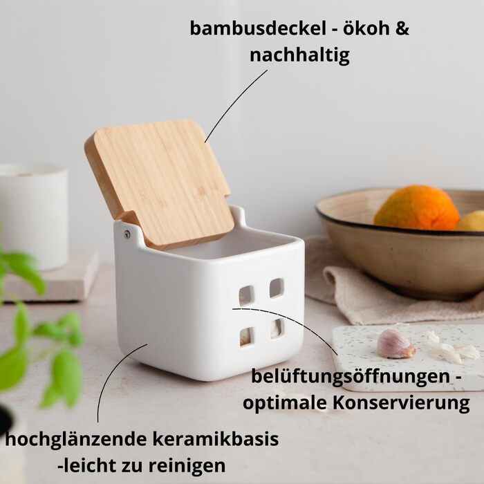 Банка для часнику - Керамічна з бамбуковою кришкою - Зберігання часнику з вентиляційними отворами для оптимального збереження - Часниковий горщик 11,5 x 11,5 x 11,5 см (Білий) Банка для часнику Білий