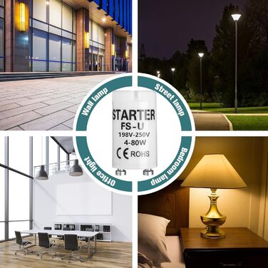 Універсальний стартер Rumgug 6 шт. для люмінесцентних ламп і світлодіодів, FS-U 4-80 Вт, 198-250 В, ефективне запалювання для одного контуру (Набір B)