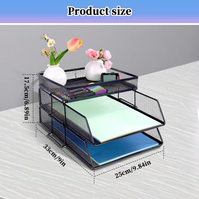 Рівневий сітчастий органайзер, штабелюваний настільний органайзер з верхнім тримачем для канцелярського приладдя, лотки для паперових документів та листів для офісу, школи та дому, чорний 2-рівневий, 2-