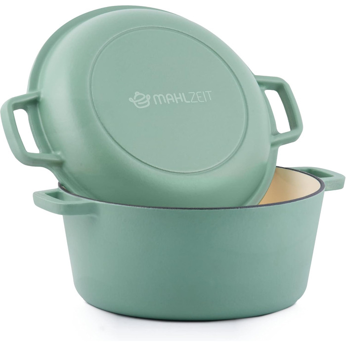 Чавунна емальована каструля Mahlzeit 6,9 л м'ятна, кругла чавунна каструля з кришкою та 2 ручками традиційна чавунна каструля, ема