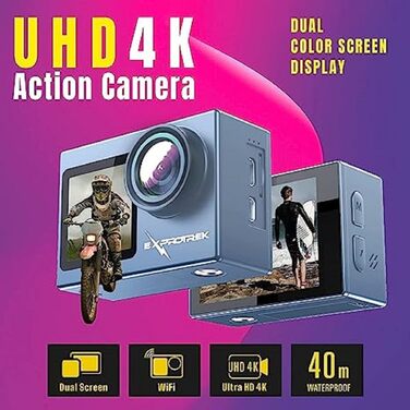 Підводна камера Exprotrek Action Cam 4K Водонепроникна 40M Ultra HD 20MP камера 170 Надширококутна Wi-Fi відеокамера Стабілізація EIS з двома акумуляторами 1350 мАг