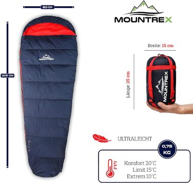 Спальний мішок MOUNTREX - невеликий розмір упаковки та надлегкий (760 г / 1500 г) - літній спальний мішок на відкритому повітрі (100GSM) / 3-4 сезони (300GSM) Спальний мішок Mummy - кемпінг, подорожі, фестиваль - теплий та упакований темно-синій / червони