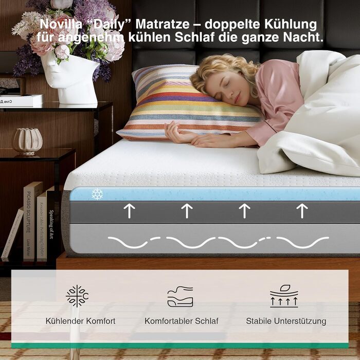 Матрац Novilla 140x200 см, 7-зонний матрац з холодної піни, рівень жорсткості H3 (середньо-жорсткий), висота 20 см, підтримуючий та охолоджувальний комфортний матрац з піни, сертифікований Oeko-TEX, дихаючий, знімний чохол (можна прати при 60C), товщина 2