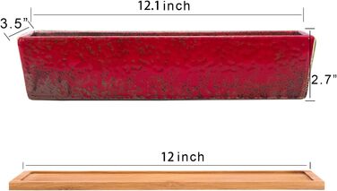 Горщики для сукулентів 12-дюймові кашпо для сукулентів з дренажним лотком, довгі прямокутні керамічні горщики для кактусів/сукулентів, неглибокий віконний ящик для бонсай для дому, саду, декору, червоні/вуличні, однотонні (Getaway Solids)