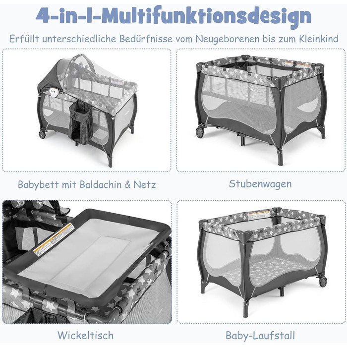 Дитяче ліжечко FANTASK 4-в-1, сірий колір ігрова арка та музичний мобіль, колиска на колесах, сумка для перенесення, портативне приліжкове ліжечко/дорожнє ліжечко зі складним матрацом, пеленальний столик, балдахін, для дітей до 36 місяців