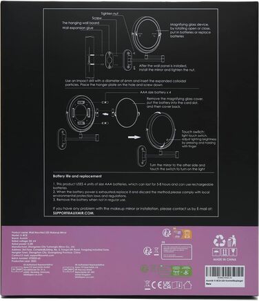 Дзеркало для макіяжу Auxmir зі світлодіодним підсвічуванням і збільшенням 1x/10x