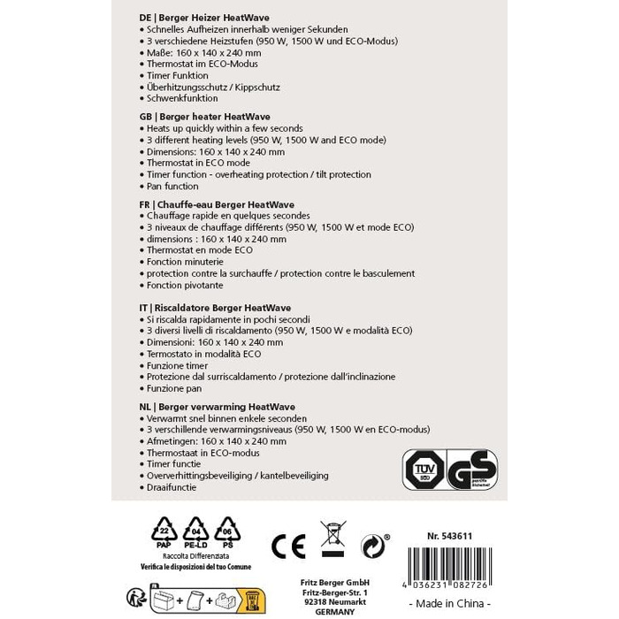 Керамічний вентилятор-обігрівач BERGER HeatWave з пультом дистанційного керування Тихий портативний обігрівач для кемпінгу, майстерні, офісу, ванної кімнати Швидко нагрівається за 3 секунди 3 режими нагріву Енергозберігаючий та безпечний