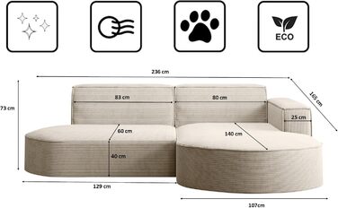 Кутовий диван з вітальнею, L-подібний кутовий диван, 3-місний диван, м&39який диван, зручний диван з пуфом для вітальні, розкладний диван, стильний вельветовий диван, Modena Studio, бежевий, правий, бежевий