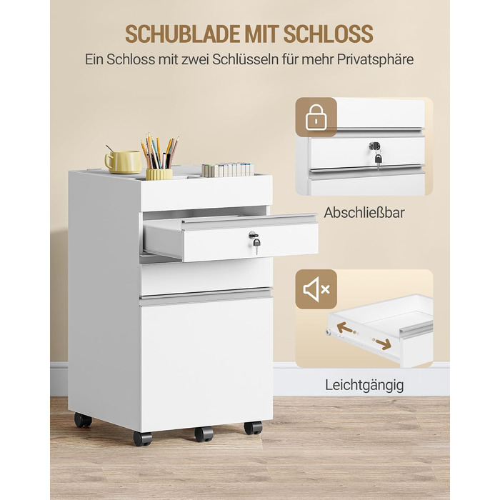 Контейнер на колесах Hzuaneri, шафа для документів, офісна шафа, що замикається, з 3 шухлядами, додаткове місце для зберігання зверху, шафа з шухлядами для формату DIN A4, Letter, для офісу, домашнього офісу, 40 x 40 x 70 см Білий FC41003XV1