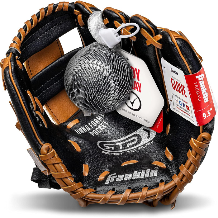 Дитячі бейсбольні рукавички Franklin Sports RTP набір рукавичок для тиболу м&39яч хлопчики дівчатка, набір рукавичок для тиболу діти малюки 9,5 дюймів, чорні/коричневі, підходять для праворуких гравців