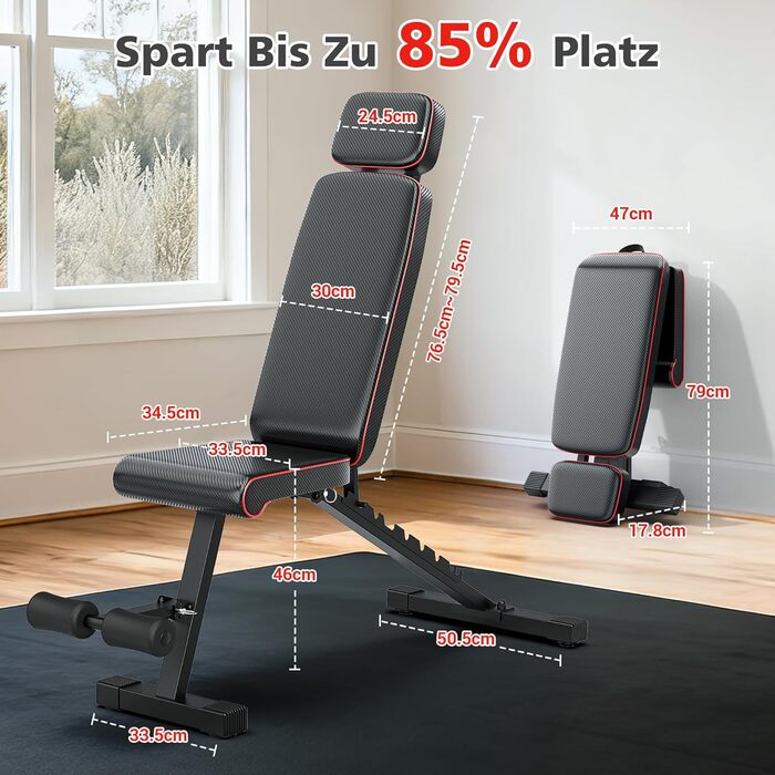 Силова лава XDDIAS, регульована в 10 напрямках тренувальна лава з подовженим підголівником, складна до 360 кг, лава з нахилом, горизонтальною поверхнею та нахилом для домашнього фітнесу, компактна фітнес-лава для невеликих будинків