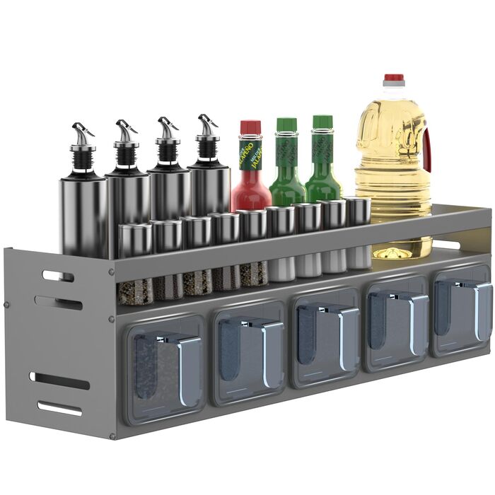 Настінна полиця для спецій Soontrans, 40 x 10,7 x 12,3 см, Кухонна настінна полиця з 5 коробками для спецій, металева полиця для спецій (не потребує свердління), підвісна кухонна полиця, органайзер для спецій для кухонної стільниці та шафи