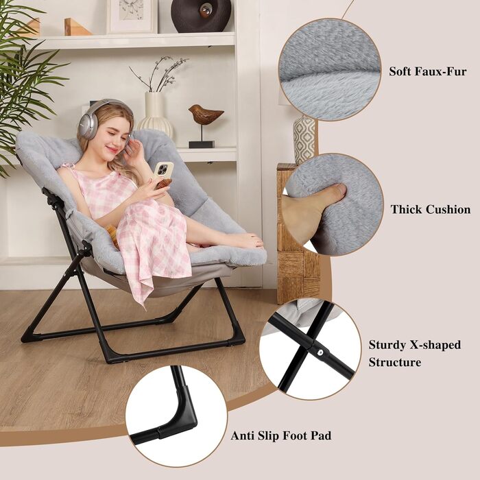 Розкладне крісло-блюдце, зручне крісло зі штучним хутром, розкладне крісло для відпочинку для підлітків та дорослих, великі крісла для читання у вітальні, спальні, гуртожитку, сірий