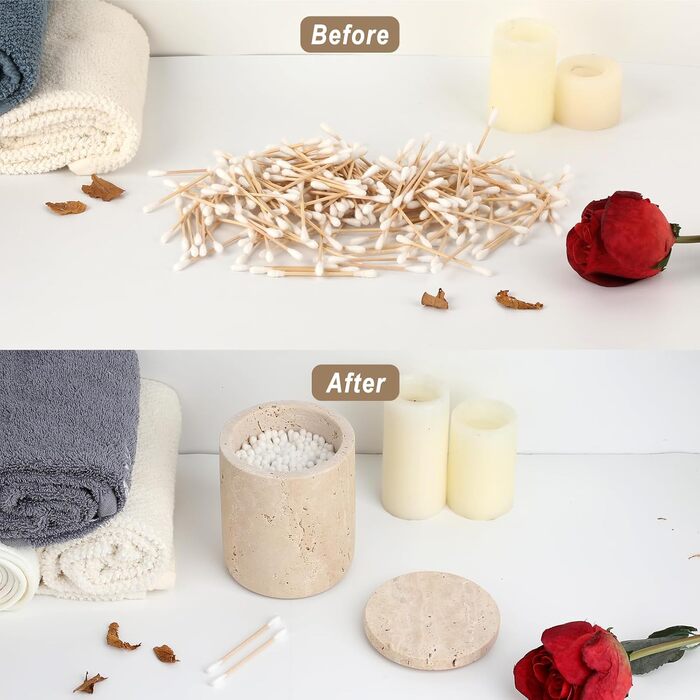 Травертиновий круглий сучасний ватний диск-диспенсер для ватних дисків з кришкою, тримач для макіяжу, для ванної кімнати, спальні, туалетного столика, раковини, готелю, офісу, жіночі подарунки (9,3x11,5 см)