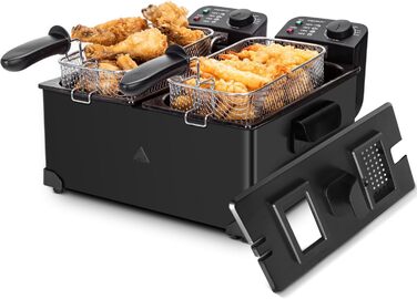 Велика подвійна фритюрниця Aigostar з 2 кошиками, 6-літрова фритюрниця з функцією холодної зони, 3600 Вт, оглядове вікно, регульований рівень нагріву до 190C, міцна та проста в догляді, чорна