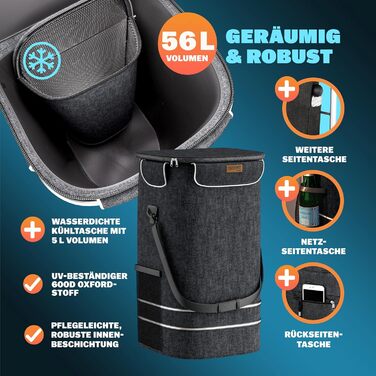 Універсальний візок для покупок 3-в-1, 56 л, до 50 кг, складаний, зі знімною сумкою, 6 коліс, плечовий ремінь, для сходів, чорний з меланжем