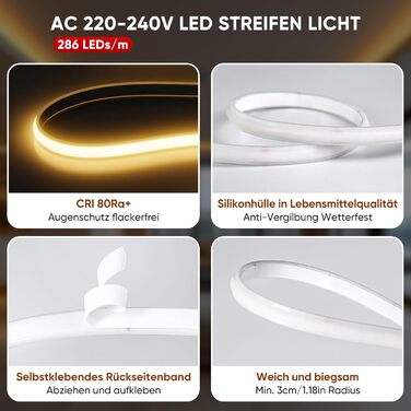 Світлодіодна стрічка Shine Decor COB 2м, AC 220-230V, IP65 Водонепроникна, SMD2025 286 LED/м, Надяскрава світлова лінія для кухні, саду та освітлення (2м, Теплий білий, Сертифікат CE). Теплий білий, 2 метри.