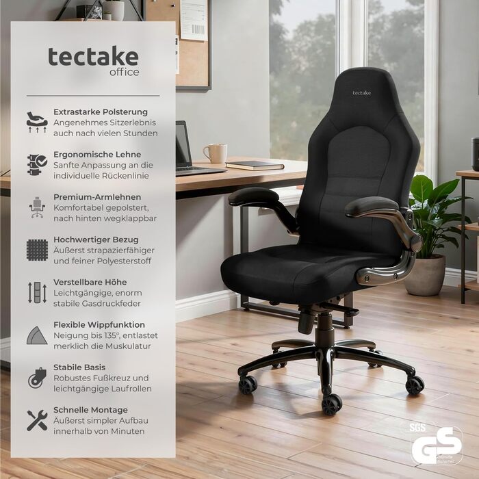 Офісний стілець tectake, стілець для роботи з відкидними підлокітниками та функцією гойдання, регульований по висоті обертовий стілець з колесами, крісло керівника з тканинною оббивкою, ергономічний офісний стілець, комп&39ютерний стілець - чорний 404736