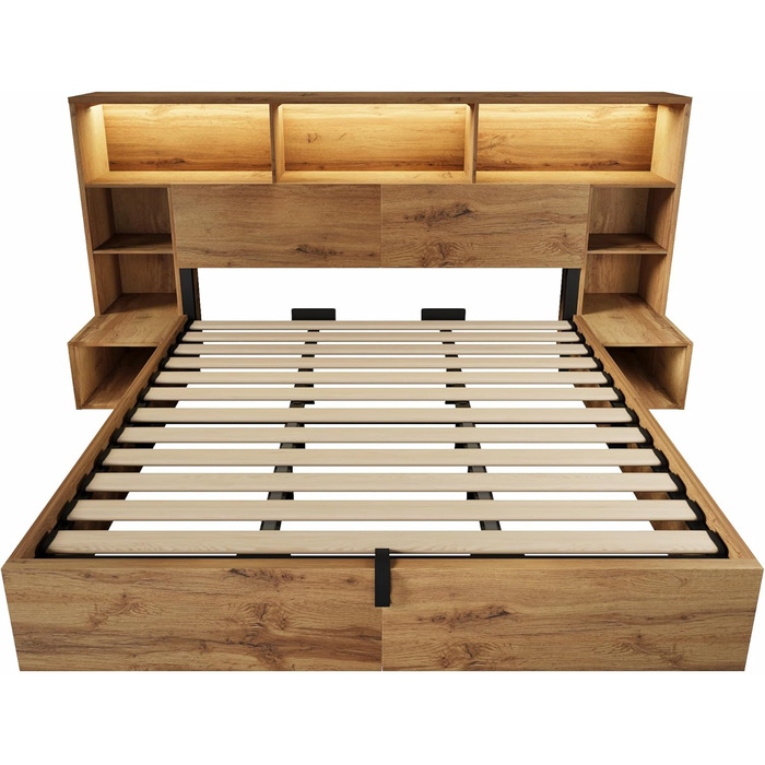 Двоспальне ліжко ANIROY, дерев&39яне ліжко 180x200 см, гідравлічне ліжко з місцем для зберігання речей та узголів&39ям, узголів&39я для зберігання речей зі світлодіодним підсвічуванням та портом USB-C, каркас ліжка System з рейковою основою, матрац не вхо