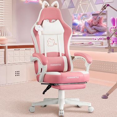 Миле ігрове крісло Hellove з котячими вушками, ергономічне комп&39ютерне крісло з високою спинкою та поперековою опорою, ігрове крісло з підставкою для ніг для дівчаток, підлітків, дітей, шкіра синтетична, рожево-біле