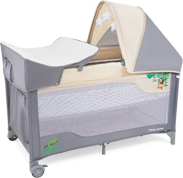 Дорожнє ліжечко-манеж Moby-System Huxley 2-в-1 з пеленальною підкладкою, 2 матрацами, москітною сіткою, сумкою для перенесення - для дітей від 0 до 36 місяців, 128x68x75 см, сірий/рожевий