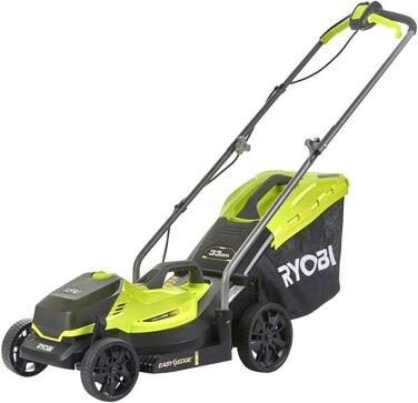 Акумуляторна газонокосарка Ryobi (ширина зрізу 33 см, регульована висота зрізу, з мішком для збору сміття 35 л мульчувальний клин, з акумулятором) RLM18X33B40