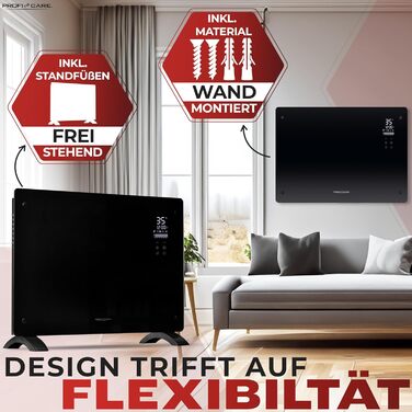 Електричний обігрівач ProfiCare зі скляною передньою частиною та X-подібним нагрівальним елементом портативний обігрівач, також підходить для настінного монтажу конвекторний обігрівач з 2 режимами нагріву безшумний нагрів - 0 дБ PC-GKH 3118 чорний