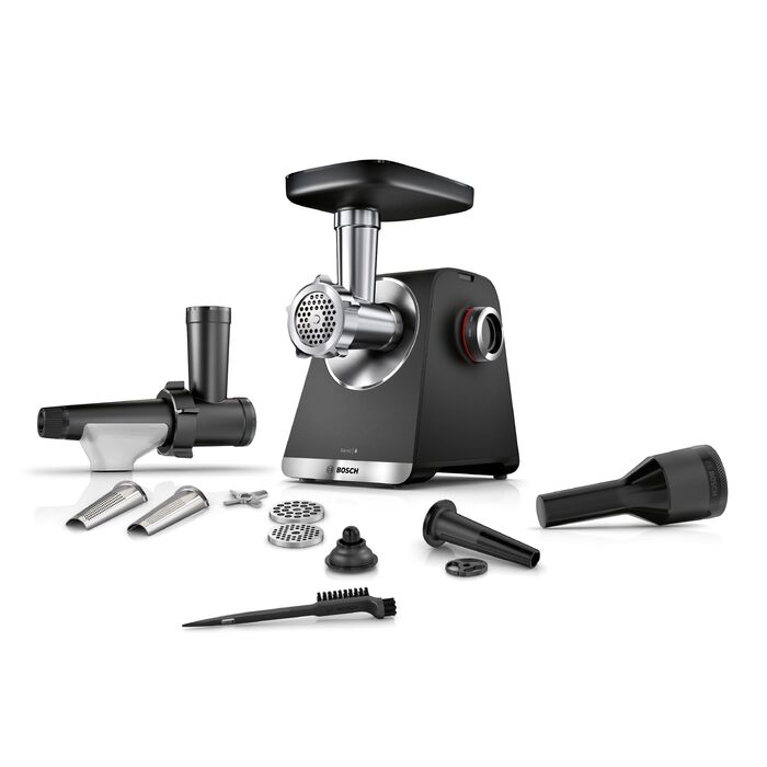 Електрична м'ясорубка Bosch MultiPower Serie 6 MFWS650B, 2100 Вт, нержавіюча сталь, 3 диски (3, 4.5, 8 мм), соковижималка, насадки для ковбас та кеббе, чорна